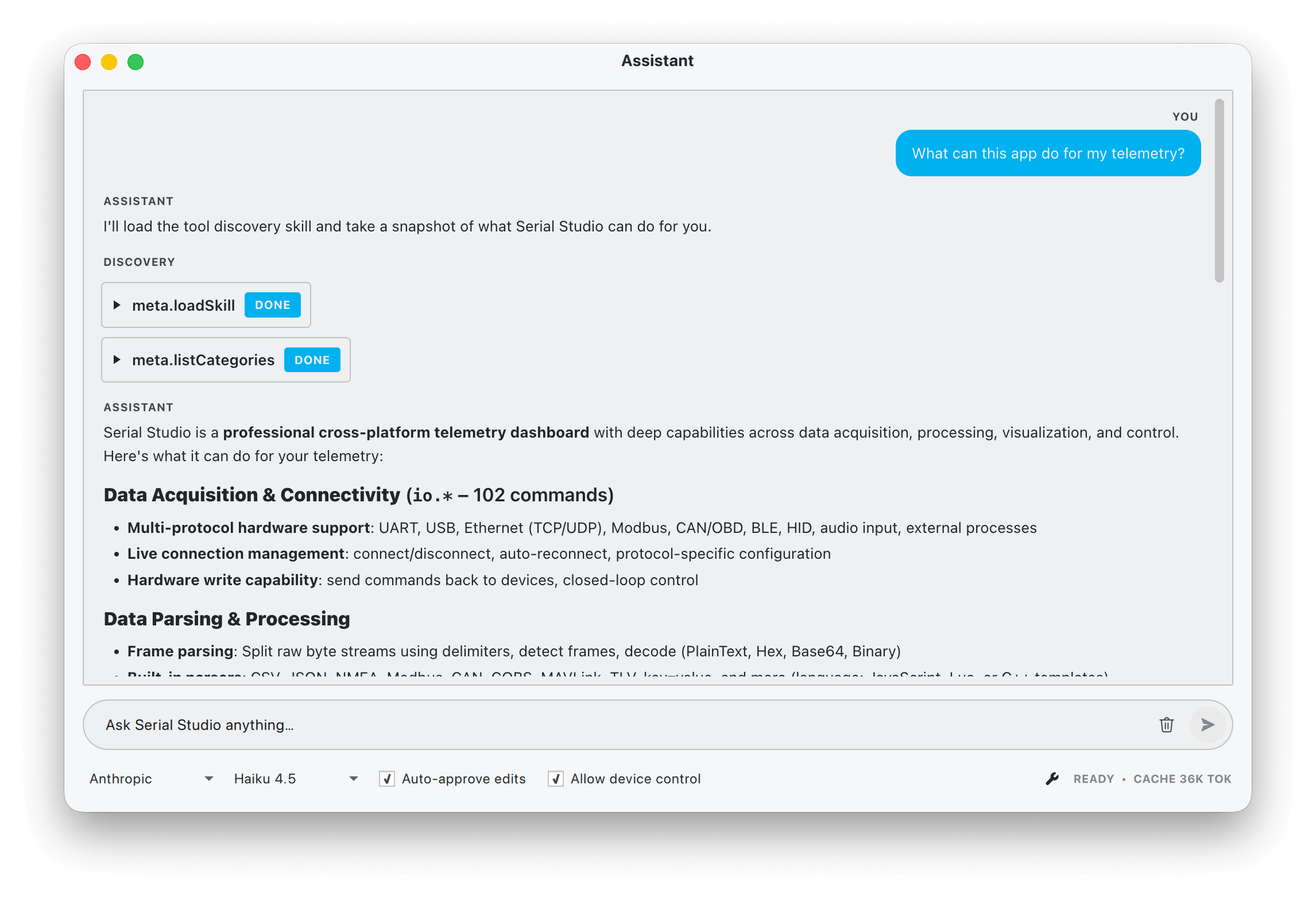 AI Assistant chat panel touring Serial Studio's features with a model selector