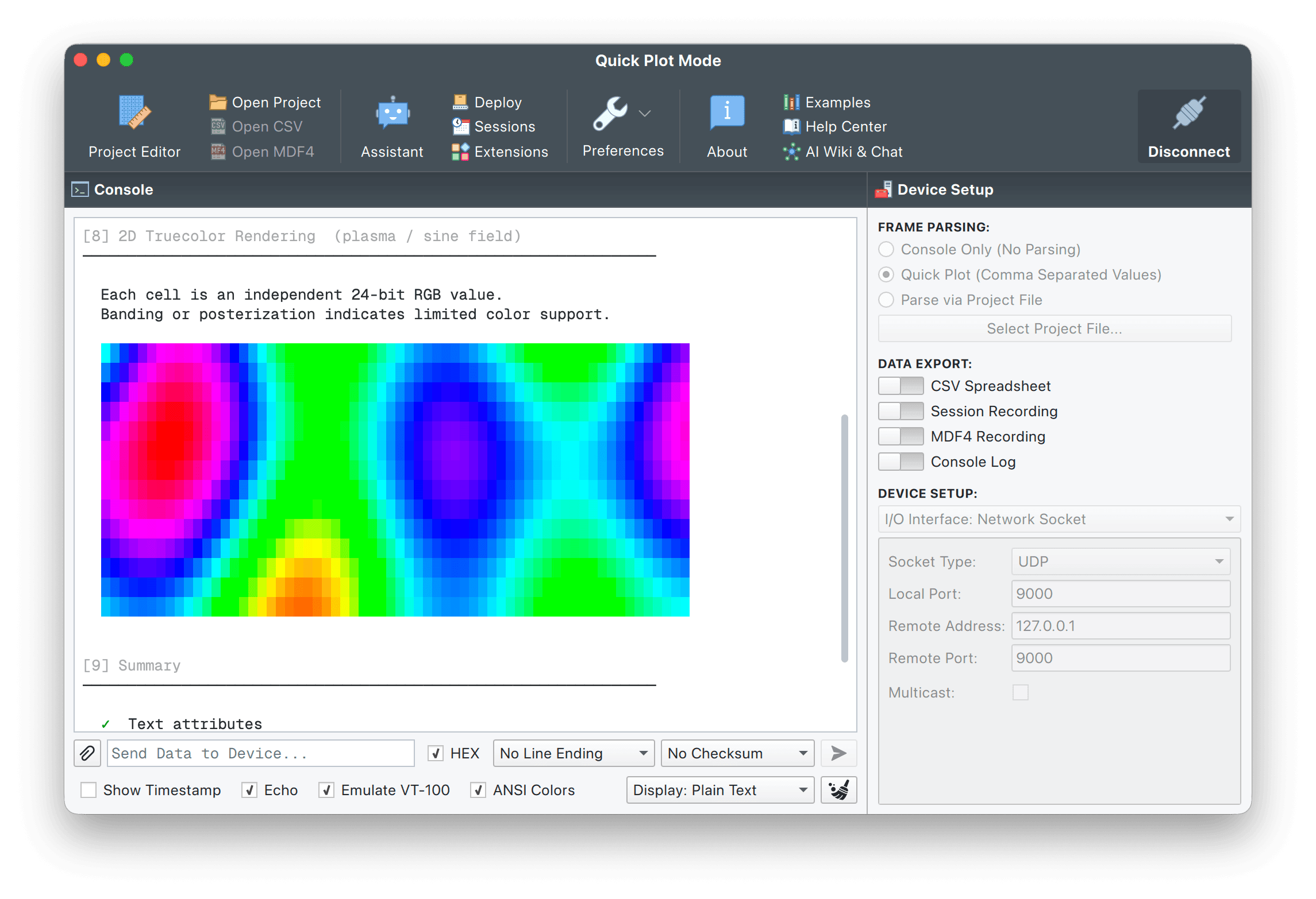Quick Plot Mode console rendering a 24-bit truecolor plasma field with VT-100 and ANSI color support