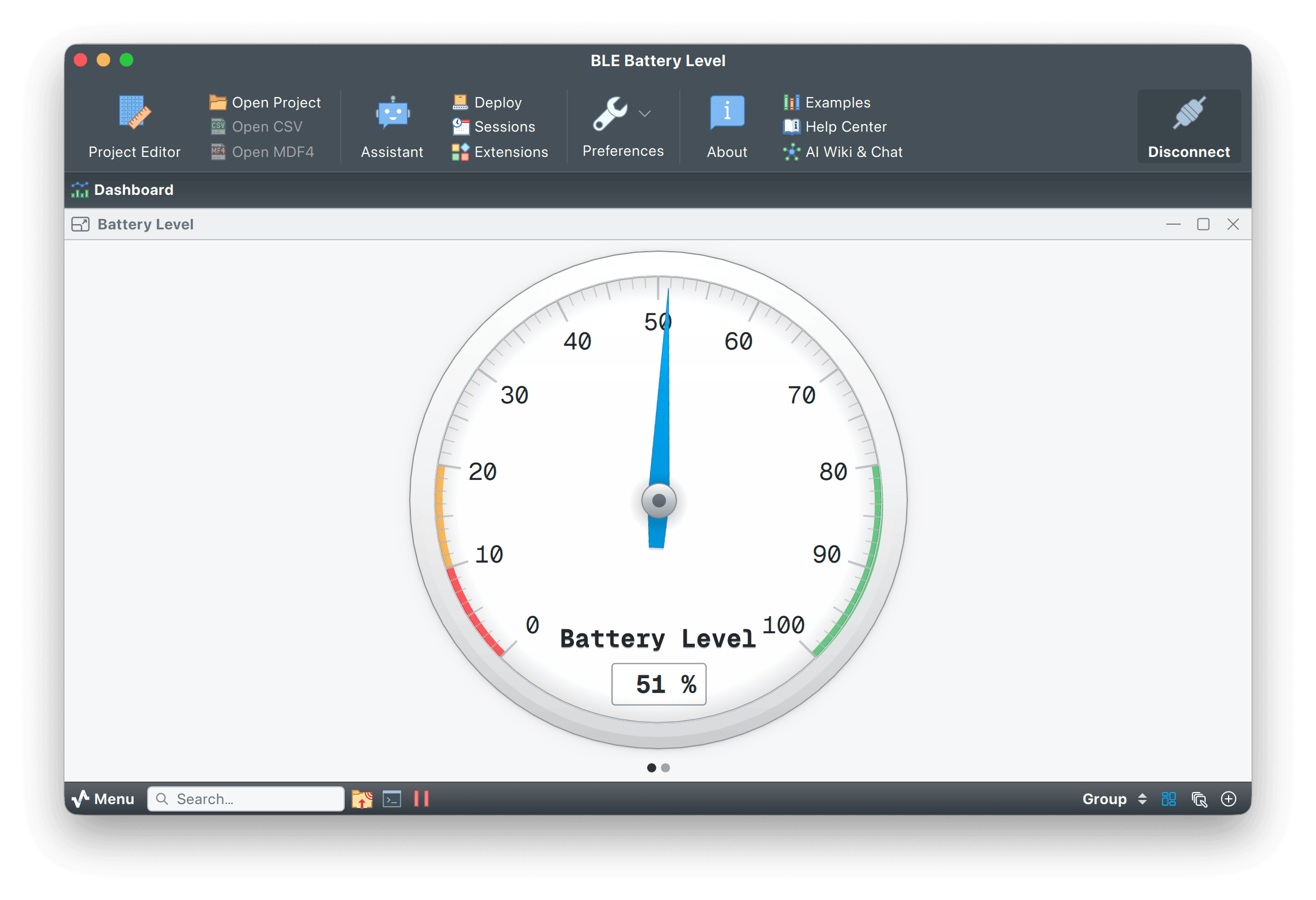 Bluetooth Low Energy battery monitor showing the charge level on a large analog gauge