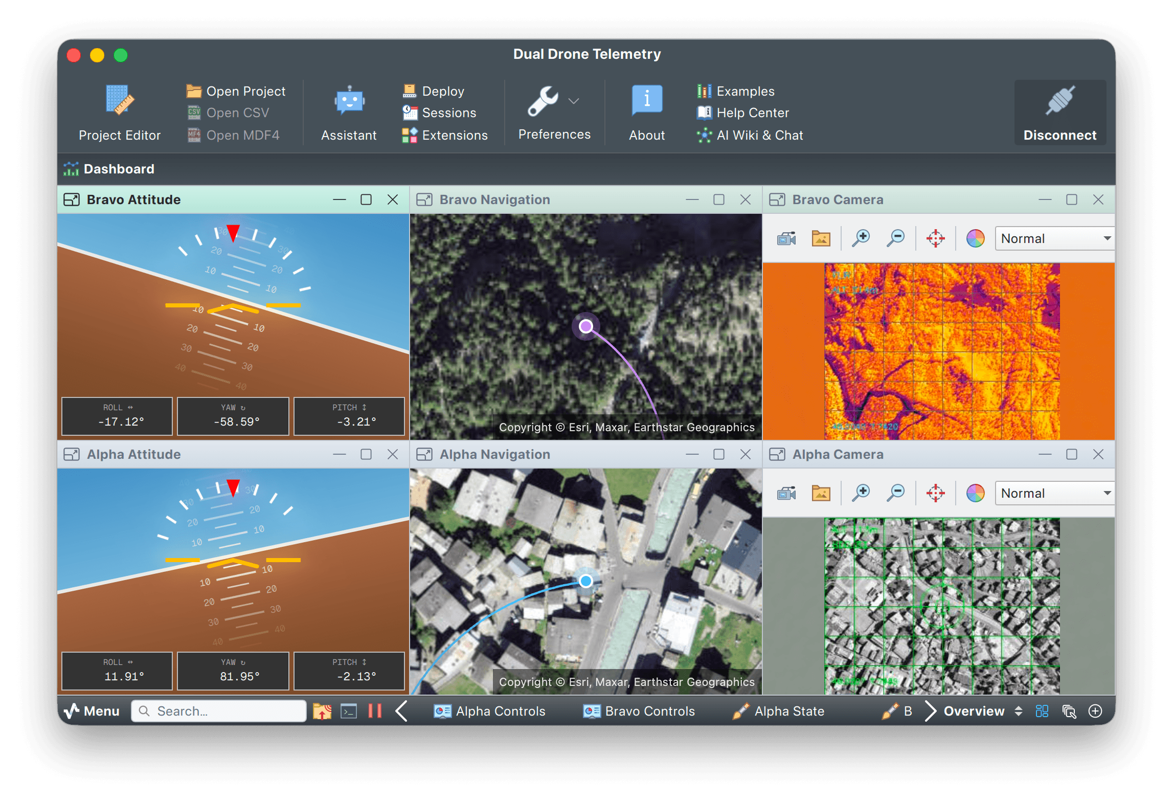 Dual drone telemetry with attitude indicators, navigation maps and camera feeds for two drones