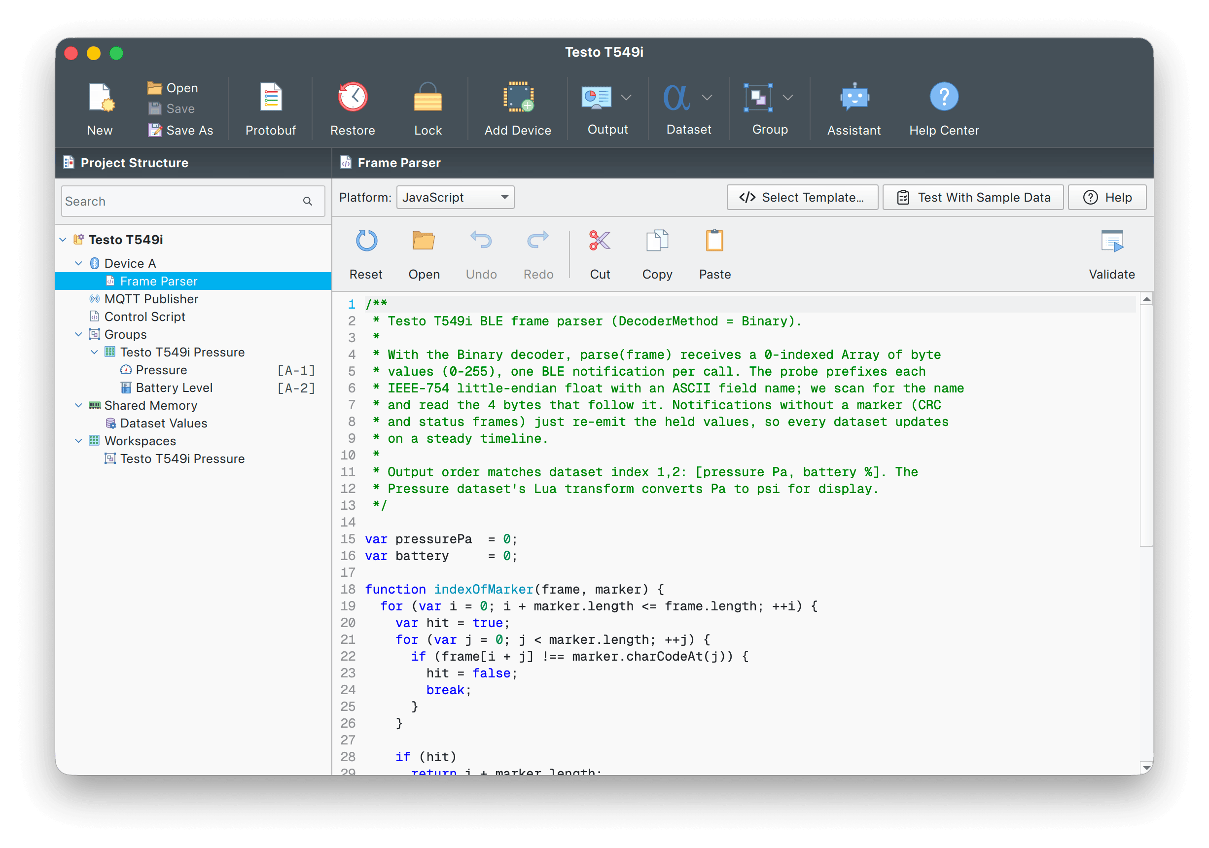 Frame parser code editor with a JavaScript parse() function decoding a binary sensor frame