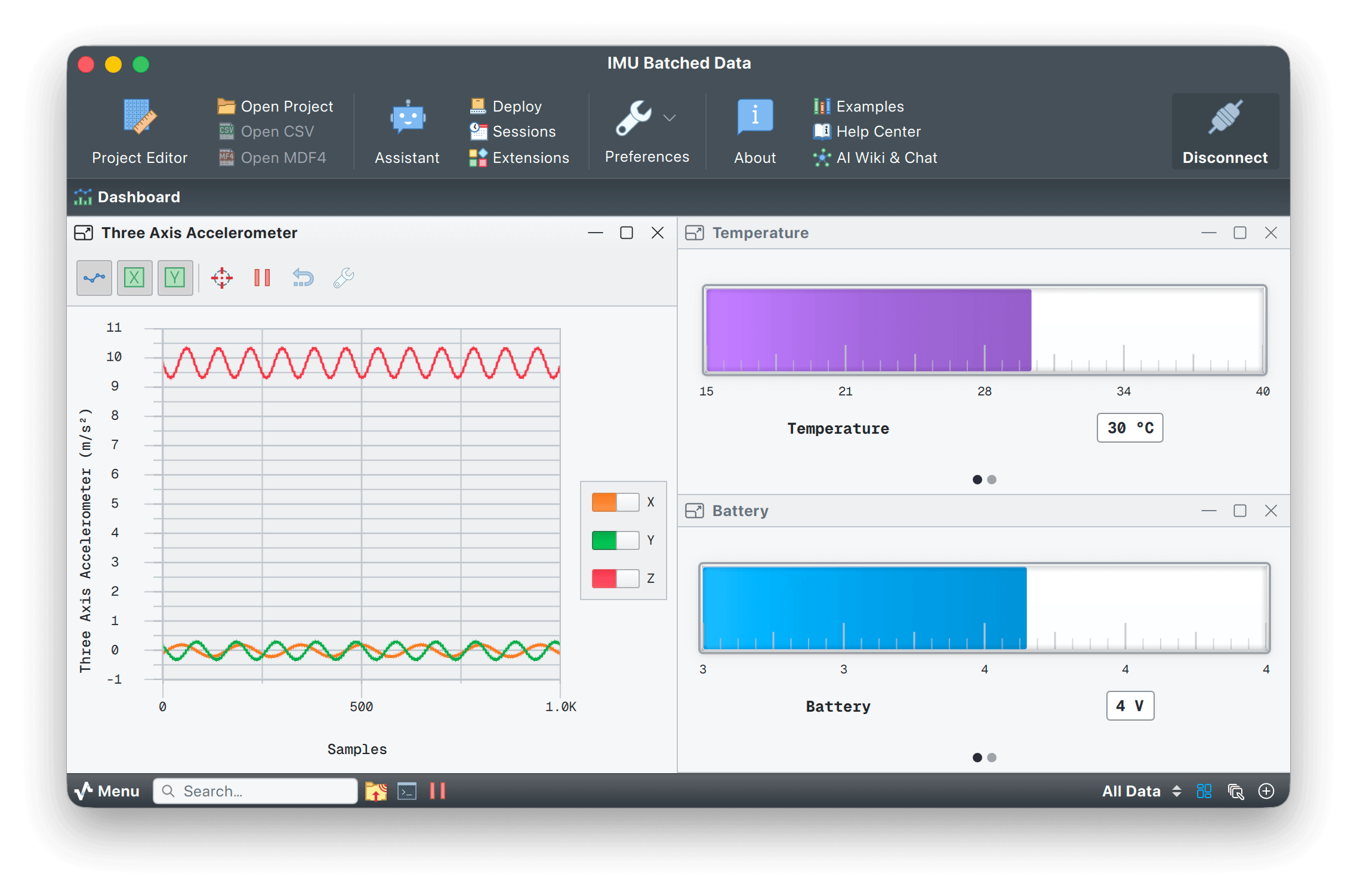 IMU dashboard with a three-axis accelerometer plot beside temperature and battery bar widgets