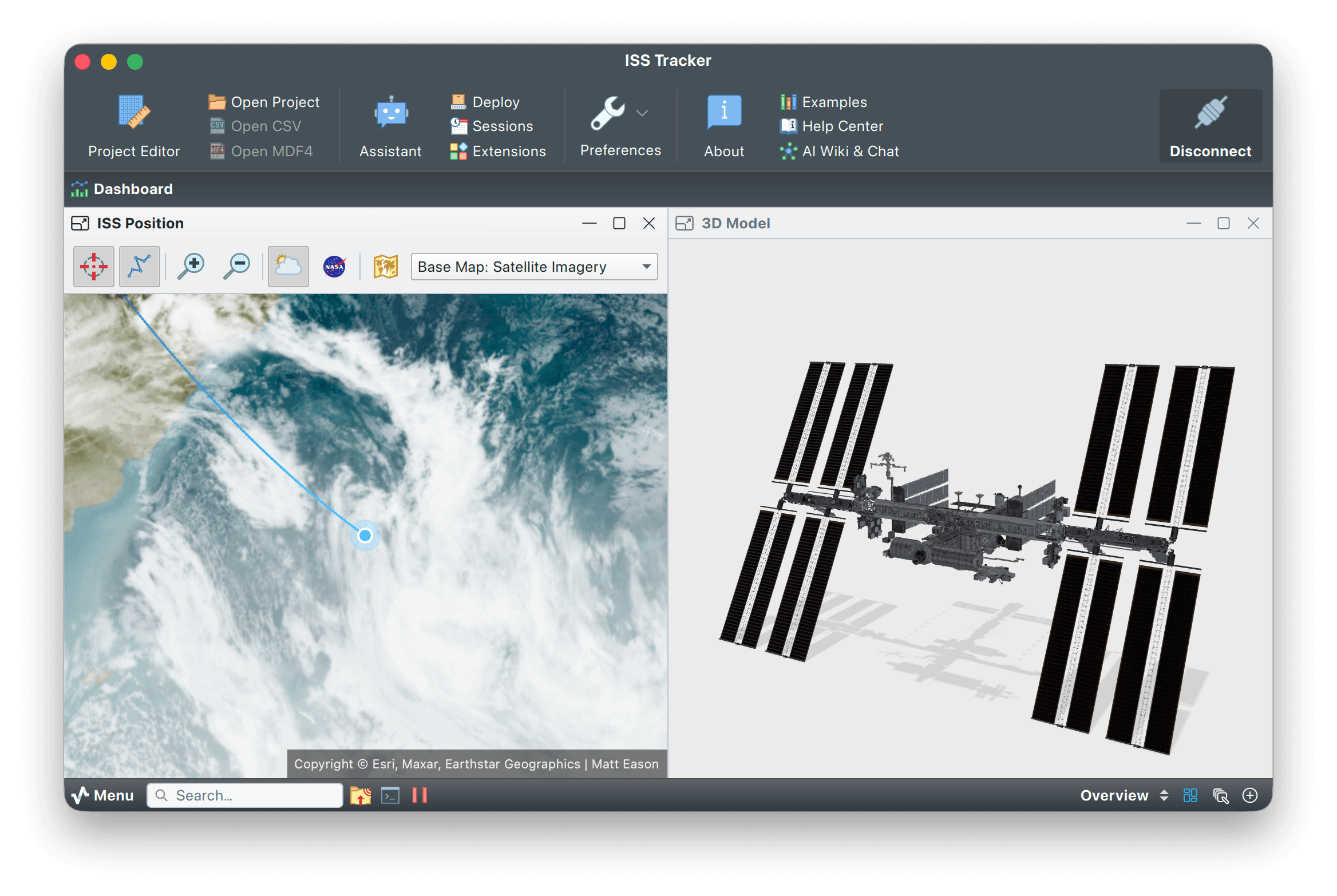 ISS tracker dashboard with a satellite GPS map of the orbit beside a 3D model of the station