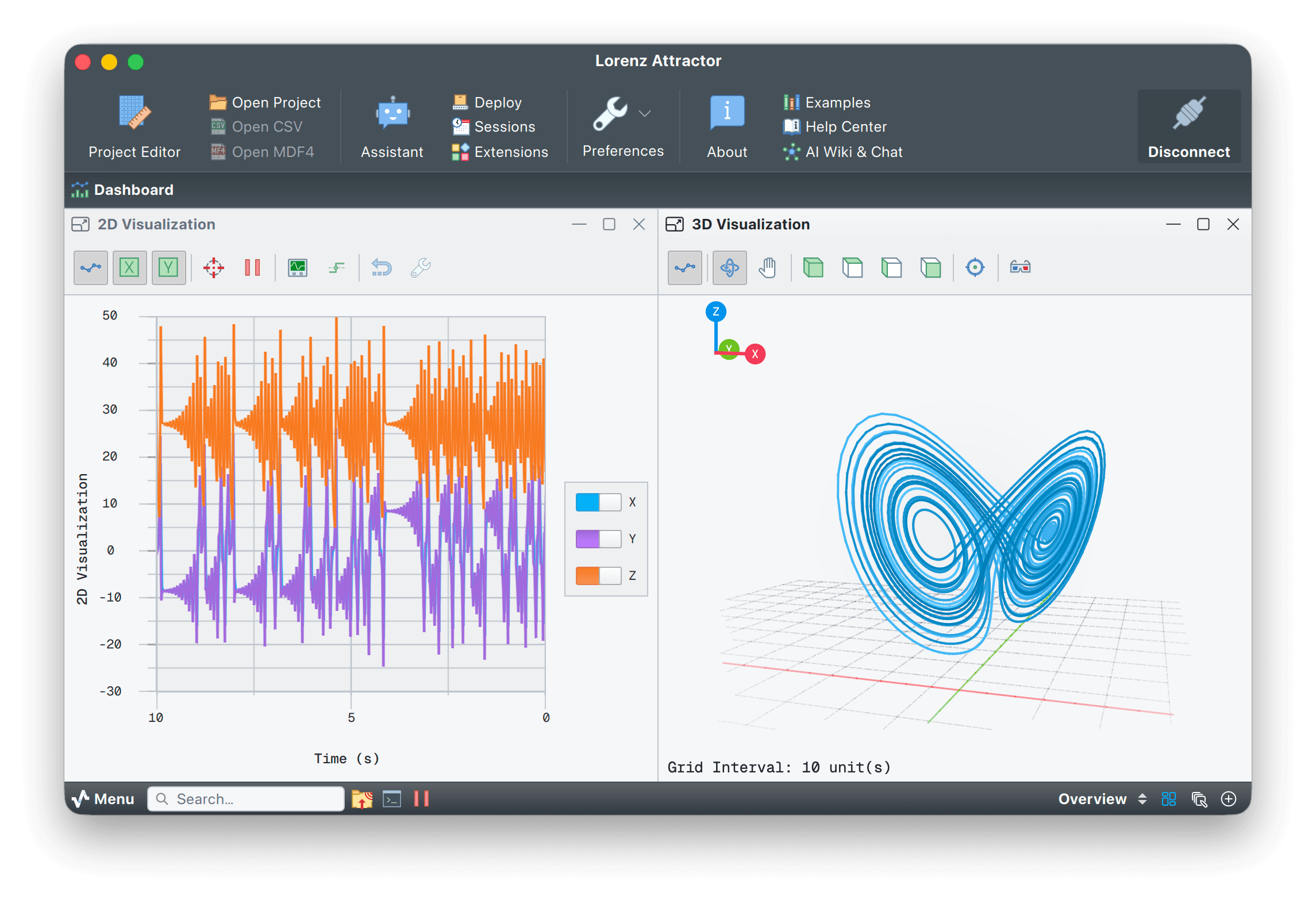 Lorenz attractor 3D visualization paired with a multi-channel time-series plot