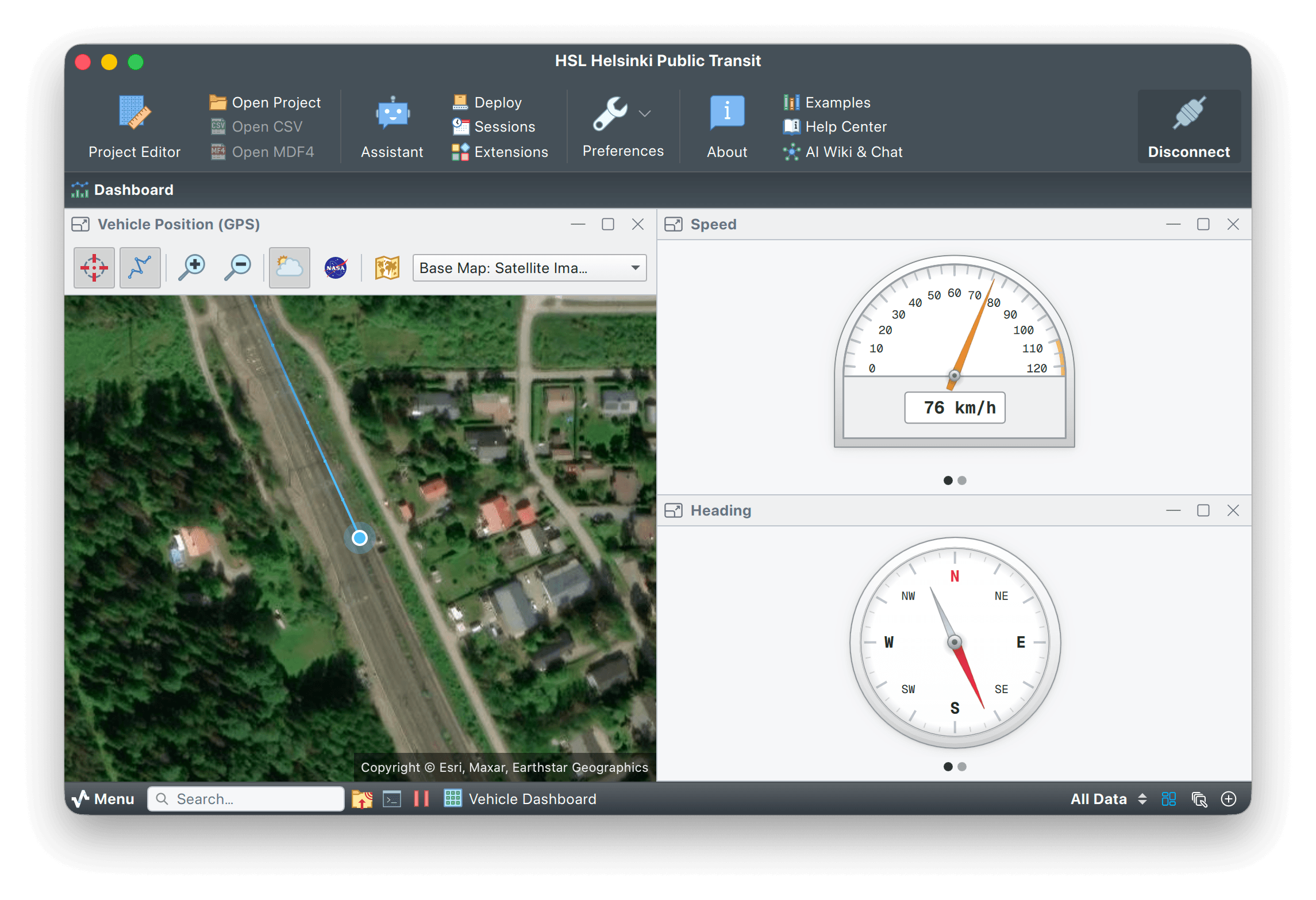 Helsinki public transit dashboard with a satellite GPS map, a speed meter and a heading compass