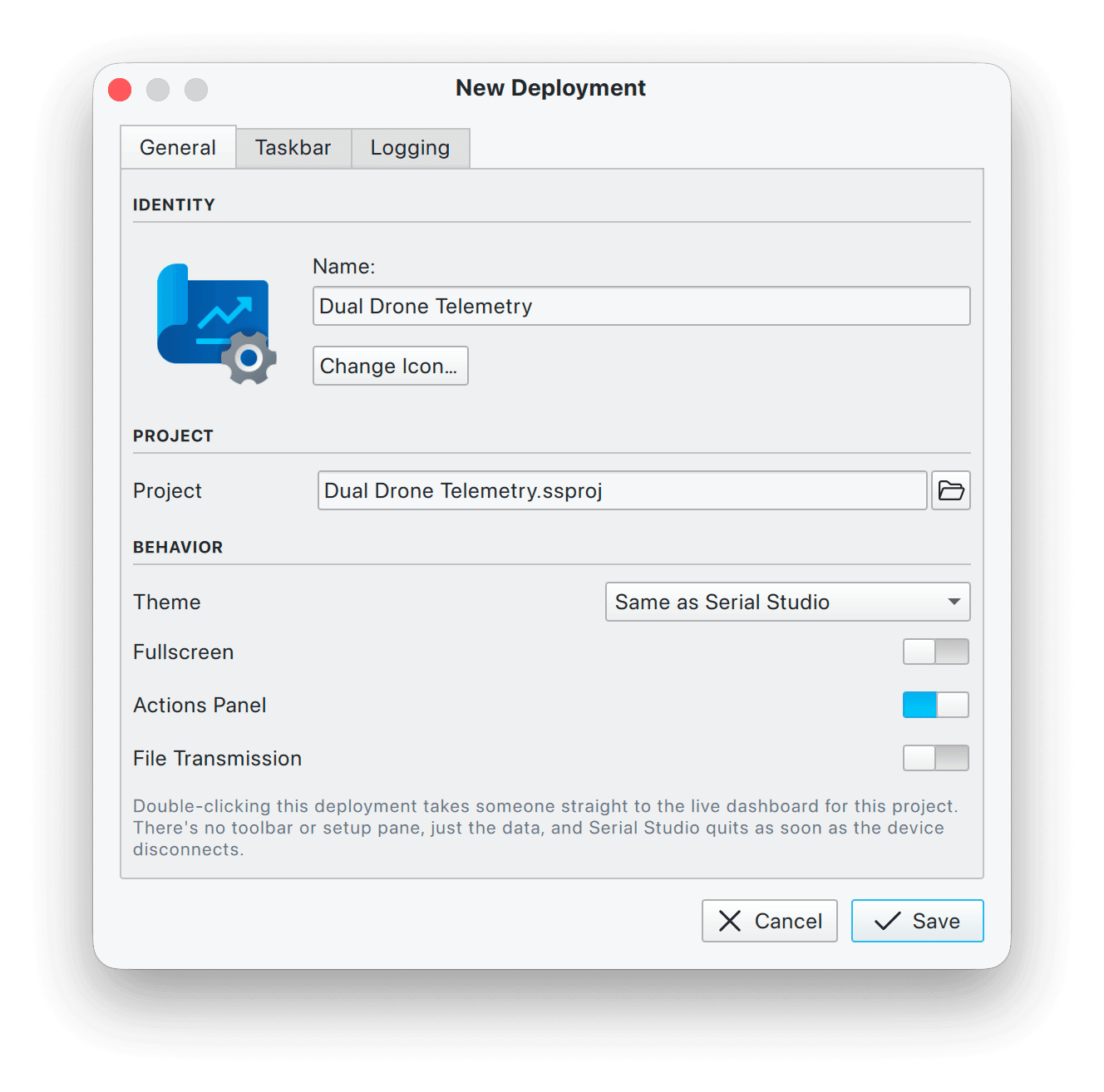 New Deployment dialog configuring a locked-down, dashboard-only build of a Serial Studio project