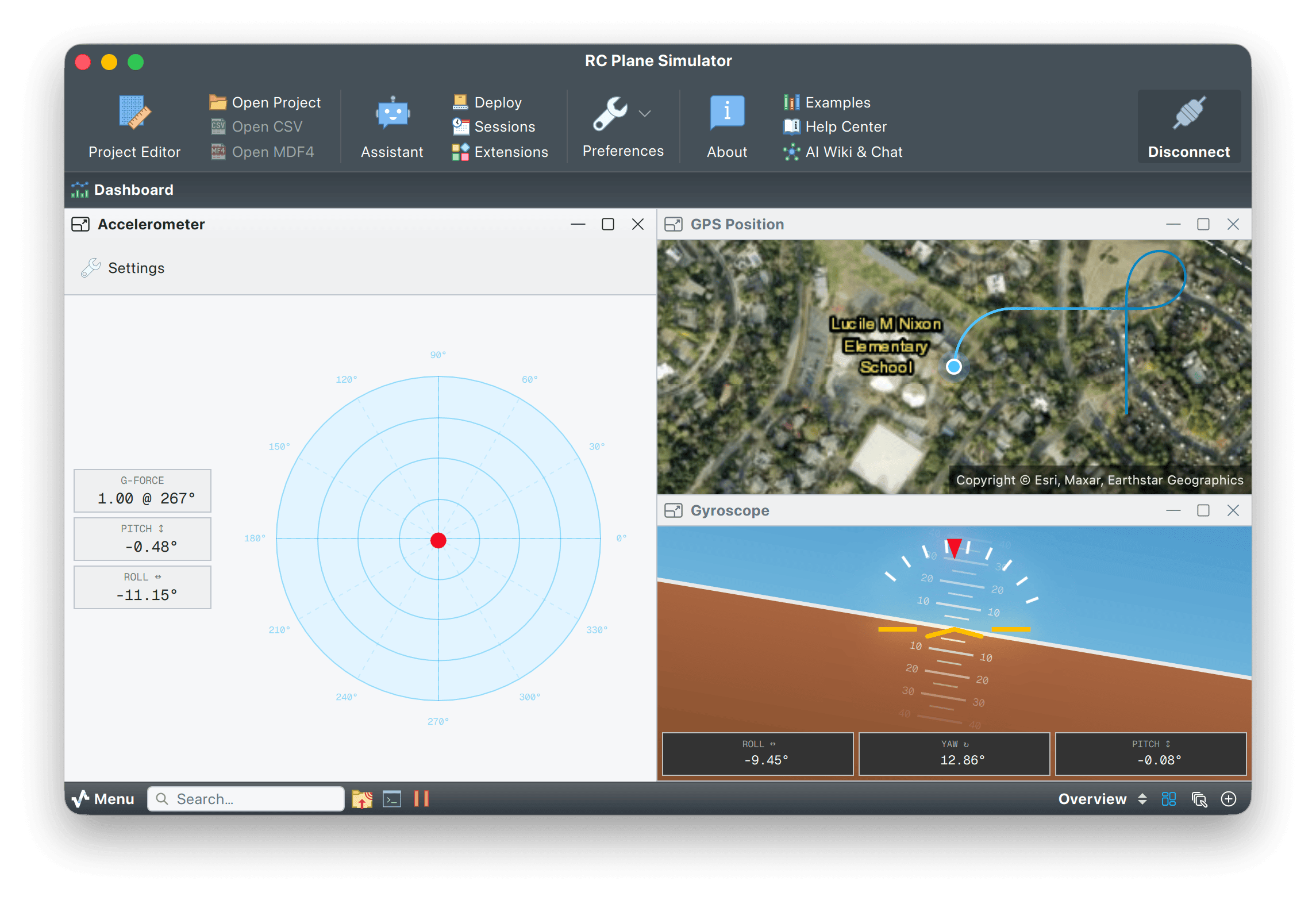 RC plane simulator dashboard with accelerometer, GPS map and gyroscope attitude widgets