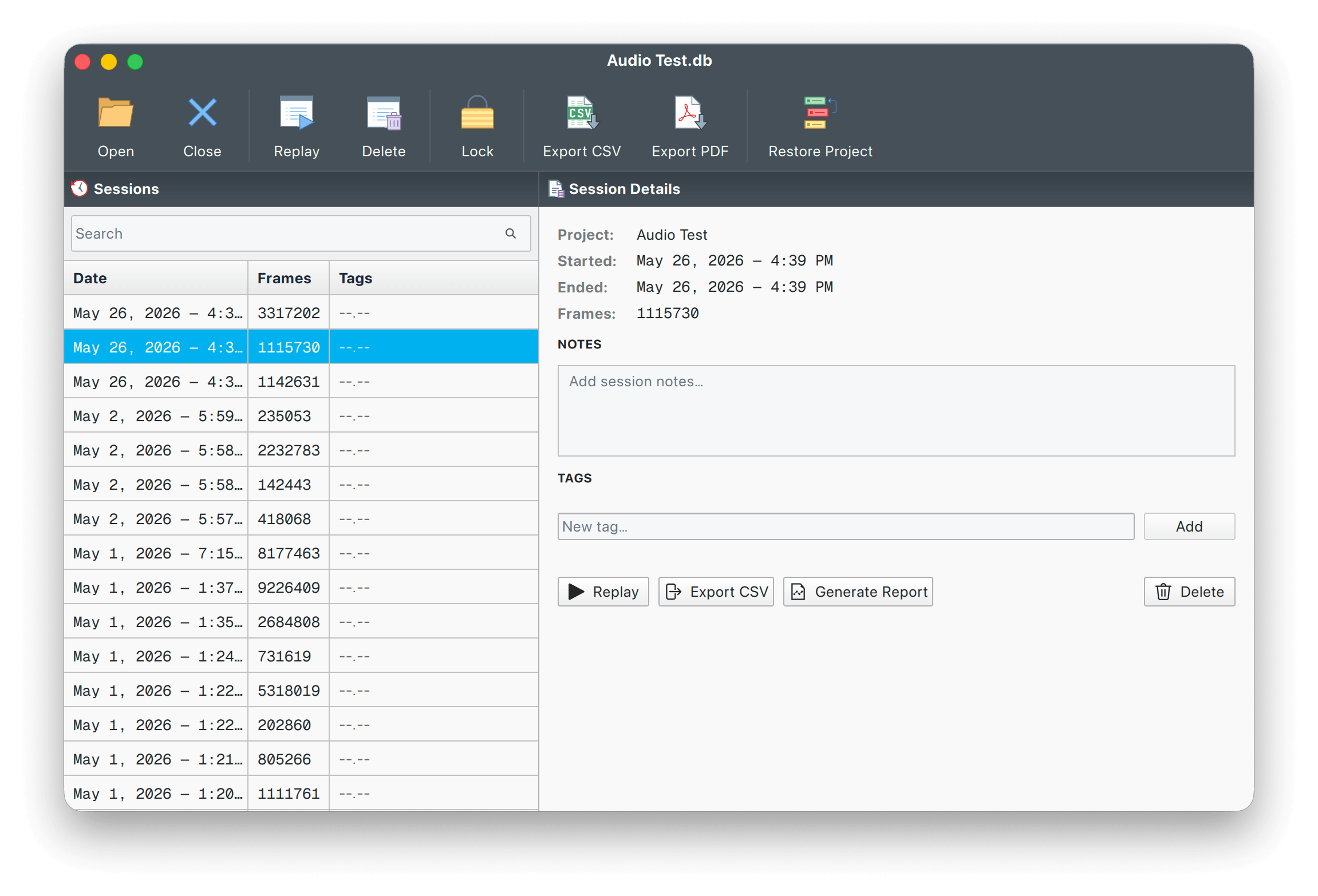 Session database browser listing recorded sessions by date, frames and tags with replay and export