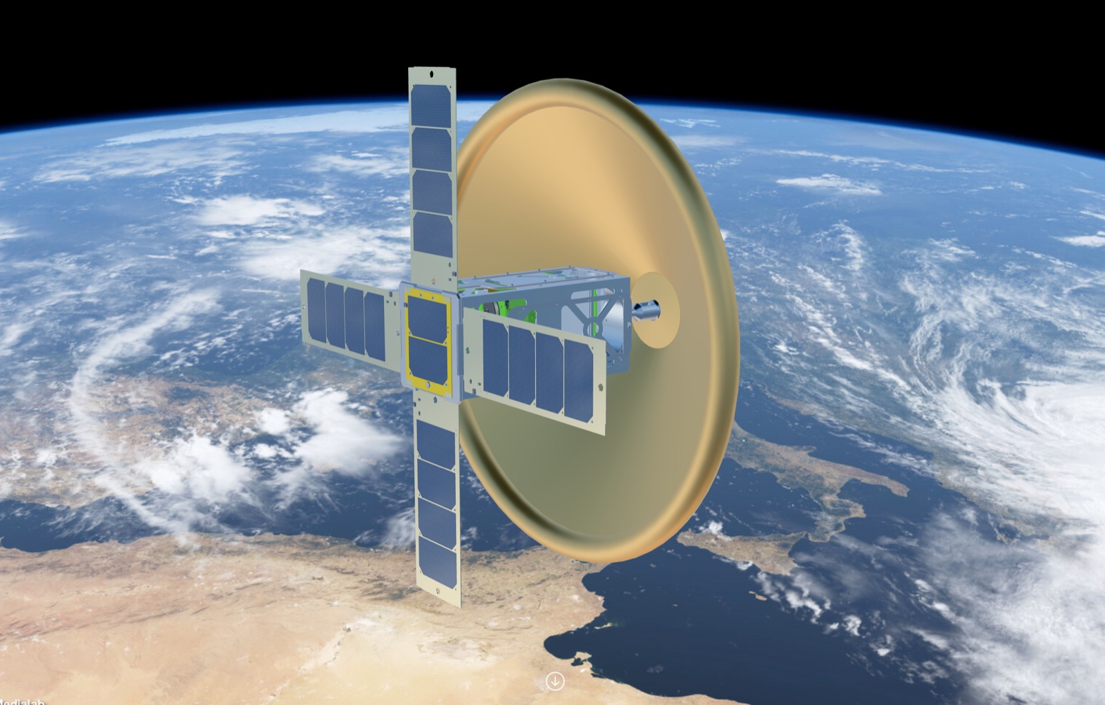CubeSat with a deployed high-gain antenna and solar panels in low Earth orbit